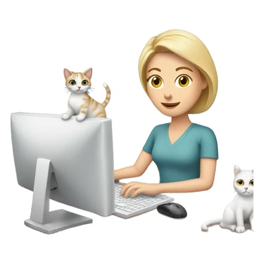 working white woman sitting at computer with cats sticker