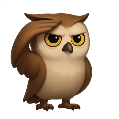 В стилистике эмоджи сгенерируй сову с сосредоточенным видом, которая держит крыло сверху лба, но не так, что у нее болит голова, а будто она всматривается в даль, ее вид должен символизировать интуцию, чуйку, прозрачный фон sticker