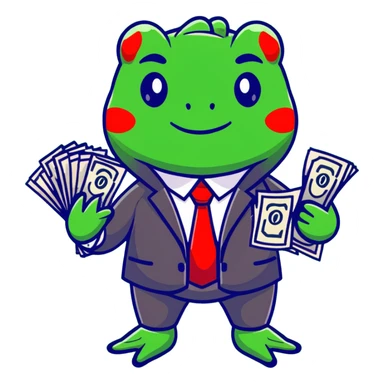 frog character in a fancy green suit holding money sticker