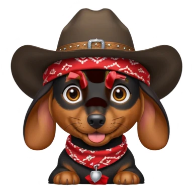no white, no red. mostly black with some brown long hair daschund with a cowboy hat, ears curl out a bit and bandana and tongue slightly out sticker