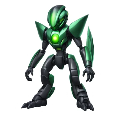 a shiny black-green Genesect-Raptor-Fakémon-Medabot-hybrid with a futuristic visor-helmet full body sticker