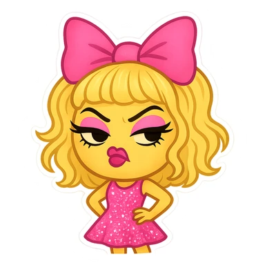 super fashionable emoji in Betsey Johnson style, with big hair bow, sparkly dress, and lots of attitude sticker