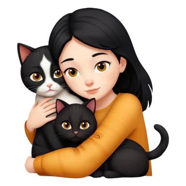 A black-haired girl hugs a ginger cat and A black cat sticker