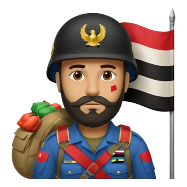 A very tired and sad, swarthy Iraqi soldier with a beard, an Iraqi flag on his helmet, a sad expression and bags under his eyes sticker