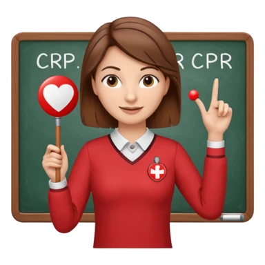 very Happy Teacher, female, brown hair up, wearing a red long sleeve top holding a pointer stick to a white board with a CPR logo. sticker