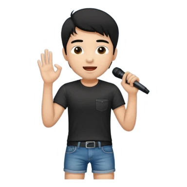 Handsome young man with black hair singing karaoke wearing an black t-shirt and denim shorts. sticker