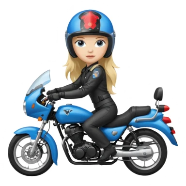 moça loira de cabelo comprido e olhos azuis com capacete em moto honda 150 preta em cima da moto sticker