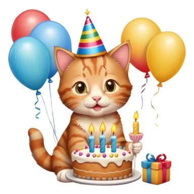 Ginger tabby kitten celebrates birthday, birthday hat, birthday cake, one candle, balloons, happy, gifts sticker