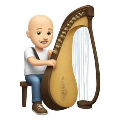 bald white guy casual with ball cap playing a big harp that looks similar to a banjo  sticker