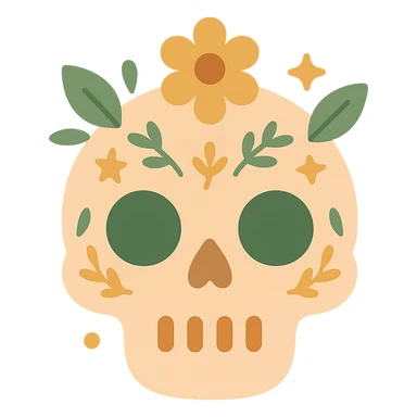 A cute and whimsical skull with a friendly expression, designed in a soft and charming color palette: golden orange (FA9B41), deep forest green (4A7C5C), warm taupe brown (96775A), and pastel peach (FFCC9A). The skull has rounded features and gentle curves, with big, expressive eye sockets that give it a sweet and non-threatening appearance. It’s decorated with floral patterns, tiny stars, or leaf motifs in the given colors, inspired by cozy or magical aesthetics. The background is softly lit, adding to the gentle and enchanting mood, making the skull feel more like a magical companion than something spooky. sticker