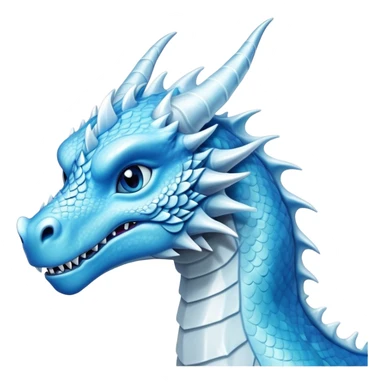 Cinematic Noble elegant Ice Dragon Portrait Emoji, Poised and imposing, distinct long elegant snout, with a slender, scaled body shimmering in glacial hues of icy blue, frostbitten silver, and crystalline white, breathing out frost, with piercing, glowing eyes that radiate the chilling depths of an arctic storm; rendered in detail. sticker