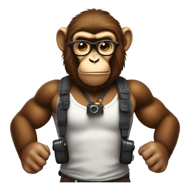 muscular monkey with glasses and camera around his neck with whole torso visible sticker