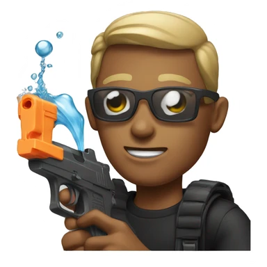 male portrait in black shirt with a water gun sticker