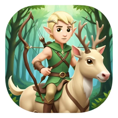 clash-of-clans-aesthetic-blond-male elf-archer-portrait-emoji, rendered in a flat, vector-style with minimal shading and bold, simplified shapes, head tilted slightly forward with a determined, focused expression, riding a majestic white stag whose antlers glow with mystical energy, set against an ancient, enchanted forest backdrop. sticker