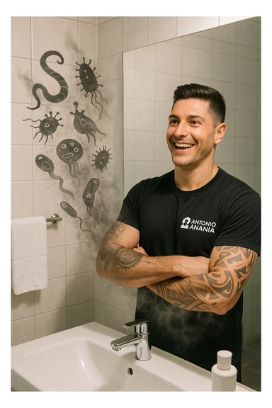 a man stands in a brightly lit bathroom, looking relieved and revitalized as he examines his reflection in the mirror. In the foreground, stylized, shadowy images of parasites (such as worms or protozoa) are shown leaving his body, dissolving into mist or fading away. His posture is upright and his expression is one of newfound energy and health. sticker