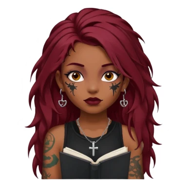 generate an ios genmoji of a dusky girl with long dark red messy hair with eyeliner on her eyes. septum piercing, wearing a cami black top, has tattoos, on shoulders. ear piercings. wearing a cross silver necklace. carrying a lot of sketchbooks


no tattoos on face sticker