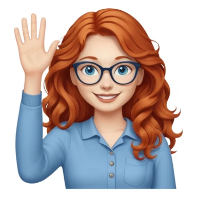 redheaded woman with long wavy hair, blue eyes, cat-eye glasses, casual outfit, smiling, waving sticker