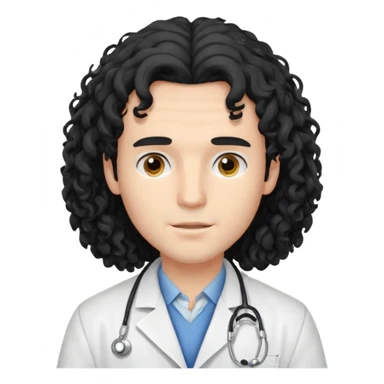 A young male slim doctor with long black curly hair hair which covered his forehead sticker