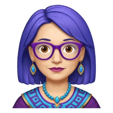 50-year-old woman with purple glasses, brown eyes, and Aztec blue shoulder-length hair sticker