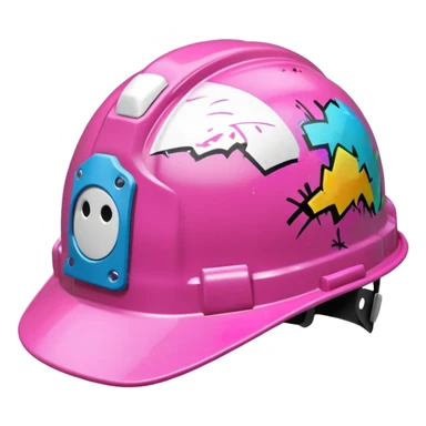 pink hard hat with graffity sticker