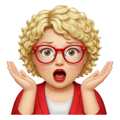 Blonde woman with short curly hair, slightly overweight, wearing glasses with red frames, shouting with hands on each side of her mouth sticker