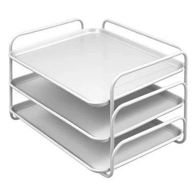 A minimal, clean emoji-style illustration of a white metal desk paper organizer tray, shown in slight isometric view so its structure is readable at a small scale. The organizer is rectangular with rounded corners, made of thin white metal wires, forming two to three stacked horizontal slots.
 sticker