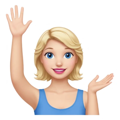 Girl Blonde short wavy hair,  blue eyes, cute blue top, long lashes, pink lips, smiling, hand in the air sticker