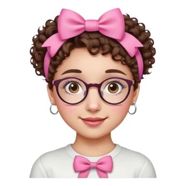 ragazza con i capelli ricci castani cortissimi, con un fiocco rosa in testa, sopracciglia corte,occhiali tondi,occhi marroni, septum piercing e nostril piercing, lei sorride sticker