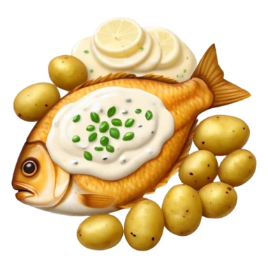 Fried fish with boiled potatoes and white sauce  sticker