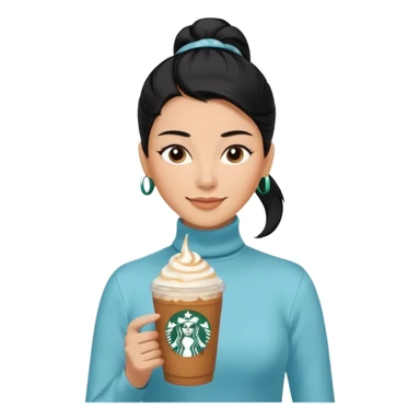  tan skin woman with long face, and very short black hair slicked back ponytail with forehead showing, wearing solid pastel blue turtleneck shirt, drinking starbucks caramel frappuccino, smiling with middle parted hair sticker