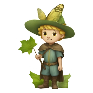Medieval little whimsical boy who is pale and he has a leaf hat and is riding a butterfly sticker
