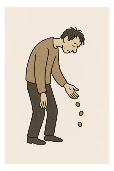 a broke man, slouched posture, coins falling from his hand, simple background sticker