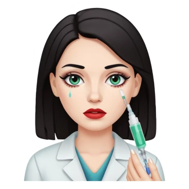White woman with dark hair and makeup getting an injection on a face sticker