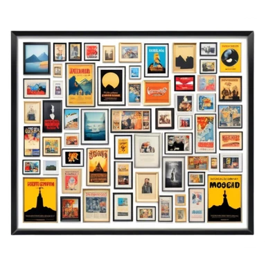 Icon for Photograph and Poster Collecting: a collection of photographs and movie posters, neatly displayed on a wall or in frames. The icon should evoke the nostalgia and artistic value of collecting rare images and posters. Transparent background. sticker