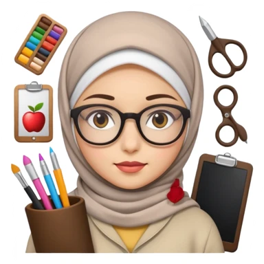 a hijab-wearing girl with glasses, surrounded by design tools, Apple emoji style sticker