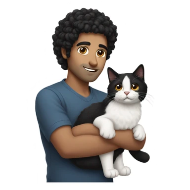 Middle Eastern man with curly black hair holding black and white fluffy cat sticker