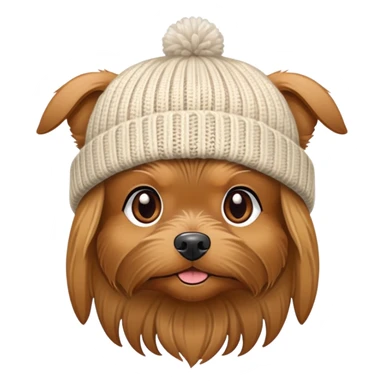 brown yorky dog with a hit hat sticker