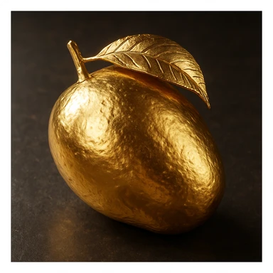A mango made out of solid gold, realistic and shiny, with intricate details, 3D rendering, photorealistic style sticker