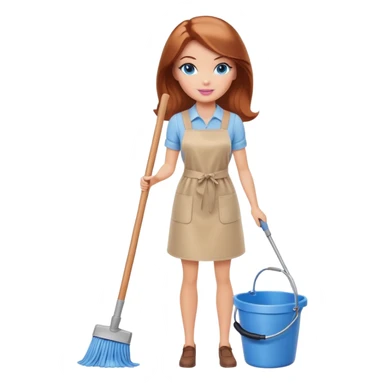 A Barbie girl with blue eyes, shoulder-length reddish-brown hair, made-up, and beige clothes stands with a mop and bucket sticker