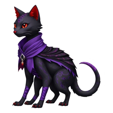 Kawaii feral, four-legged gothic dark badass black, red, purple, beautiful pretty elegant divine edgy feline-vernid-sergal-Trico-fursona-animal-creature, full body, with intricate detailed markings, silken shawl sticker