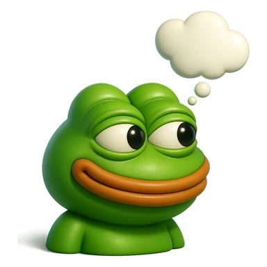 make a pepe in bright green smiling with thought bubble looking at left side in 3d style, good highlights and shadows, drop shadows sticker