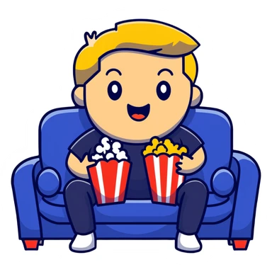 Person sitting comfortably on couch watching movie with popcorn in hand, excited expression sticker