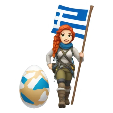 female winter mountaineer red hair holding greek flag and easter egg sticker