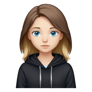girl with blue eyes, shoulder-length brown hair with light blonde streaks, wearing a black hoodie sticker