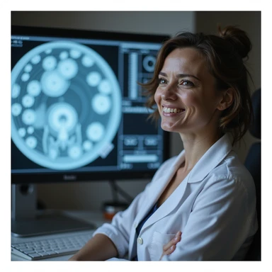 woman with PCOS in medical office next to monitor showing enhanced oocytes, expression of relief and hope, realistic photography sticker