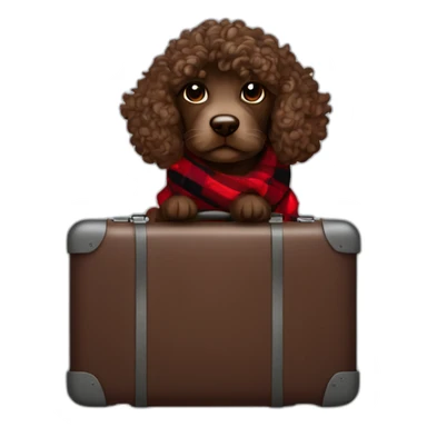 Chocolate colored doodle with wavy hair wearing a red and black flannel handkerchief with a carryon suitcase sticker