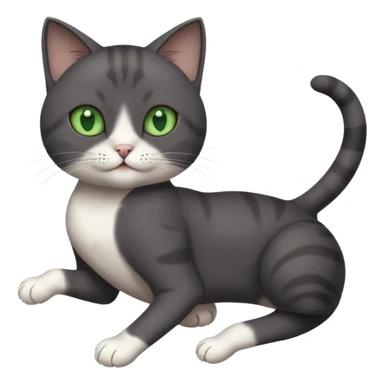 dark grey cat with green eyes, white toes/paws and white patch on her chest playfully rolling upside down sticker