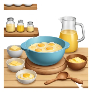 baking preperation with mixing bowl with uncracked eggs and butter sticker
