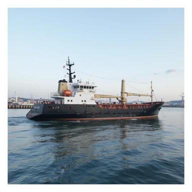 small modern merchant ship, in a harbor sticker