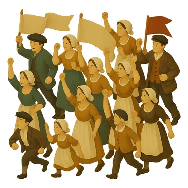 Add banners and flags to the 18th century crowd, isometric full body, period-appropriate clothing and hats, men, women, and children, dynamic arrangement, no background, no text. Maintain the style of the original image with an isometric perspective and detailed period clothing. sticker